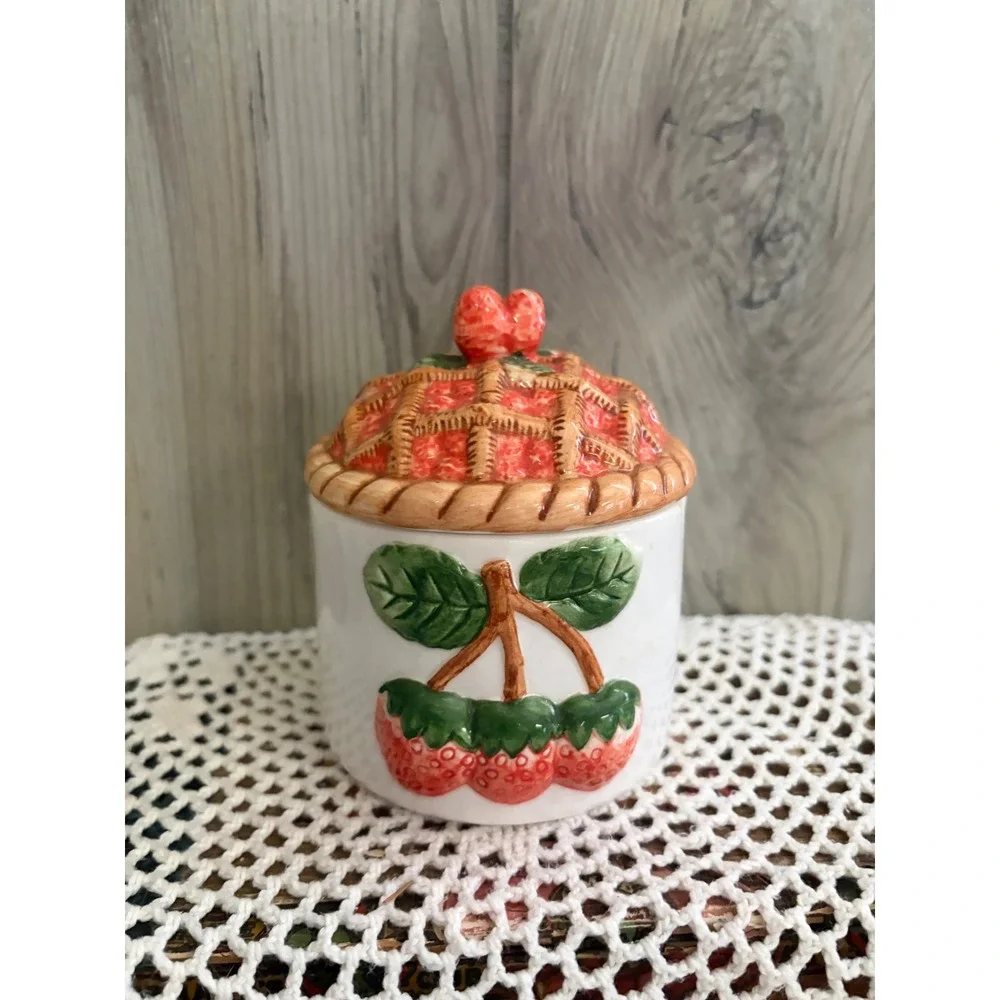 Vintage Ceramic Strawberry Pie Jam Jar Lattice Lid Sugar Bowl